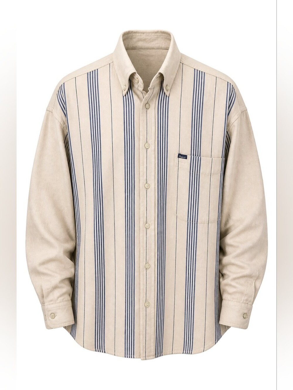 Faconnable Tan Shirt w/Navy Vertical Stripes Sz Large Cotton Linen Blend